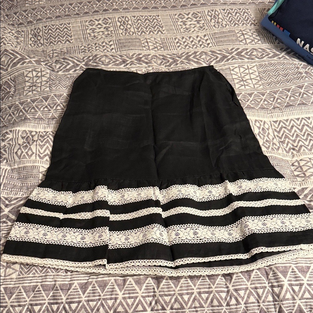 LOFT Black A-Line Skirt with White Lace Trim